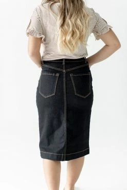 The Main Street Exchange 'Jia' Dark Denim Knee Length Skirt FINAL SALE 12 The Main Street Exchange 'Jia' Dark Denim Knee Length Skirt FINAL SALE