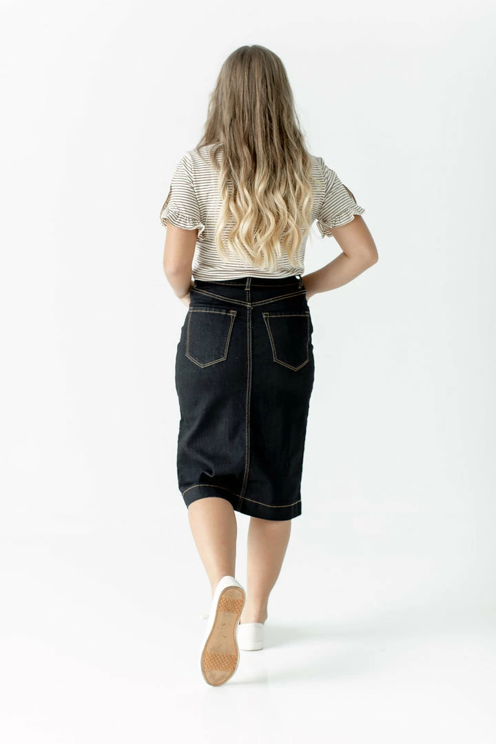 The Main Street Exchange 'Jia' Dark Denim Knee Length Skirt FINAL SALE 5 The Main Street Exchange 'Jia' Dark Denim Knee Length Skirt FINAL SALE