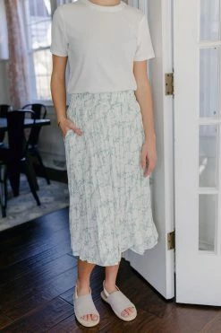 Mikarose Skirts 'Clara' Pleated Midi Skirt In Mineral Green Print FINAL SALE