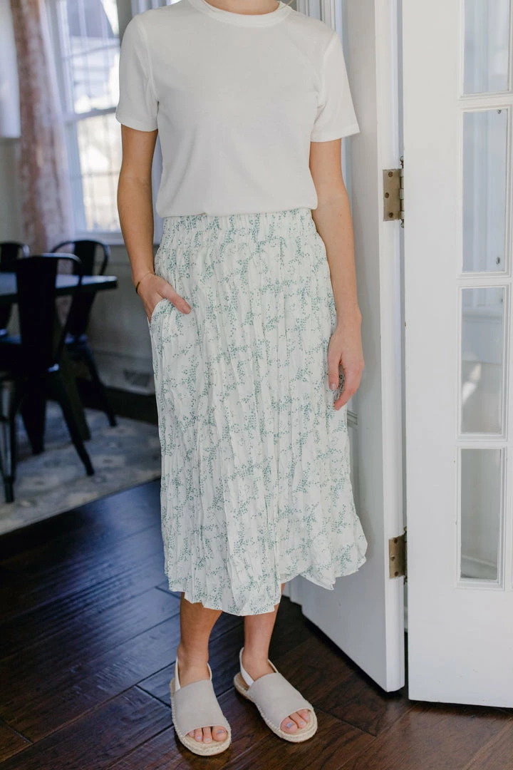 Mikarose Skirts 'Clara' Pleated Midi Skirt In Mineral Green Print FINAL SALE 2 Mikarose Skirts 'Clara' Pleated Midi Skirt In Mineral Green Print FINAL SALE