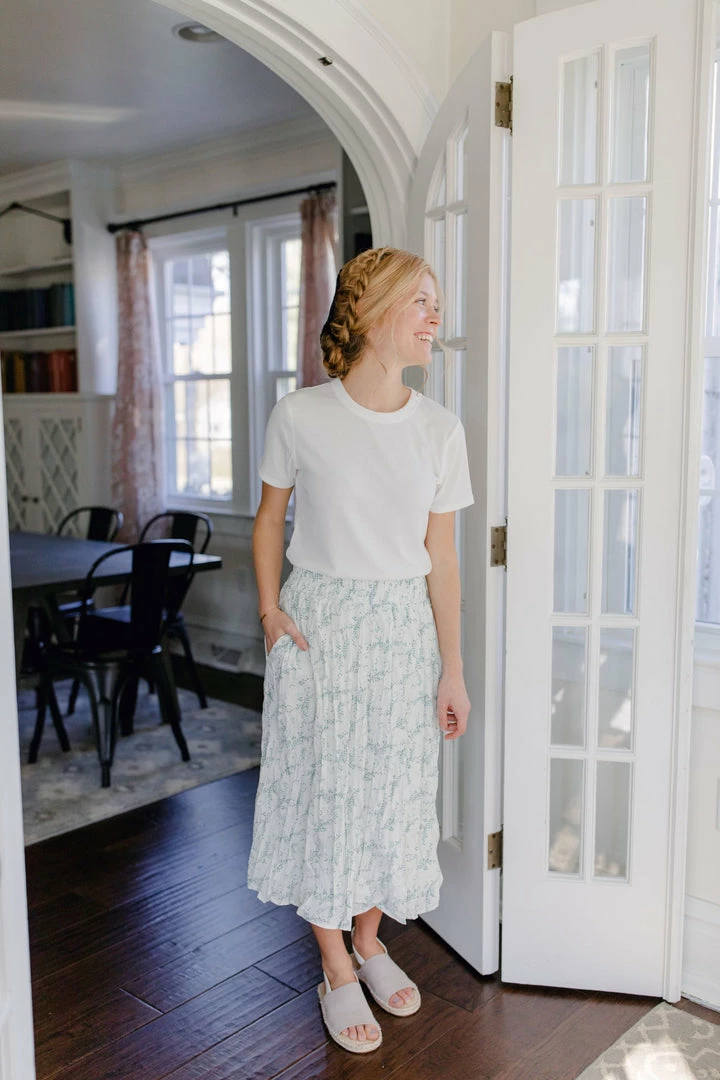 Mikarose Skirts 'Clara' Pleated Midi Skirt In Mineral Green Print FINAL SALE 3 Mikarose Skirts 'Clara' Pleated Midi Skirt In Mineral Green Print FINAL SALE