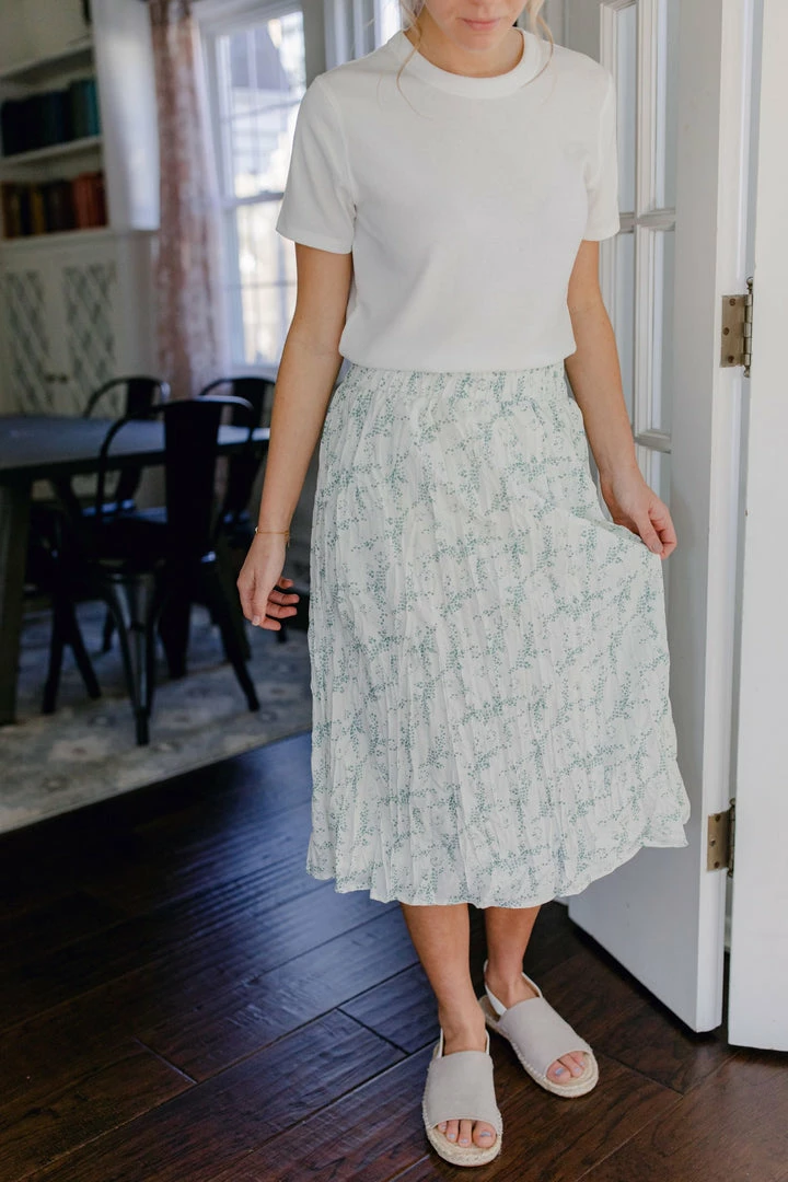 Mikarose Skirts 'Clara' Pleated Midi Skirt In Mineral Green Print FINAL SALE 1 Mikarose Skirts 'Clara' Pleated Midi Skirt In Mineral Green Print FINAL SALE