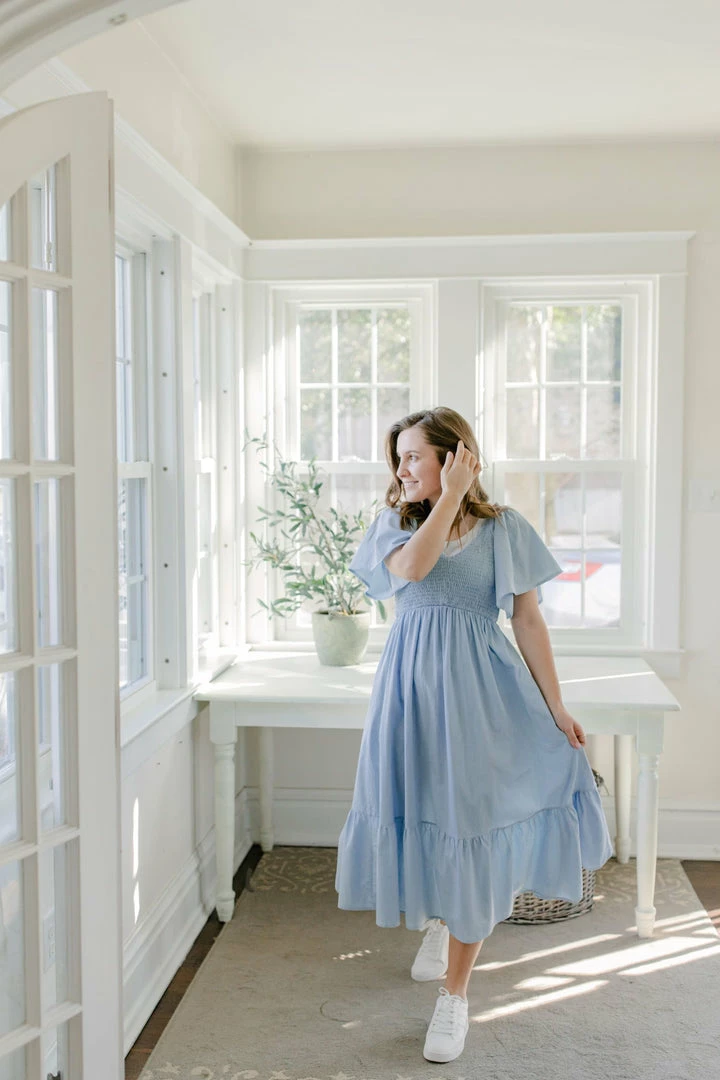 In-Loom 'Ahna' Flutter Sleeve Smocked Chambray Midi Dress In Lightwash FINAL SALE 2 In-Loom 'Ahna' Flutter Sleeve Smocked Chambray Midi Dress In Lightwash FINAL SALE