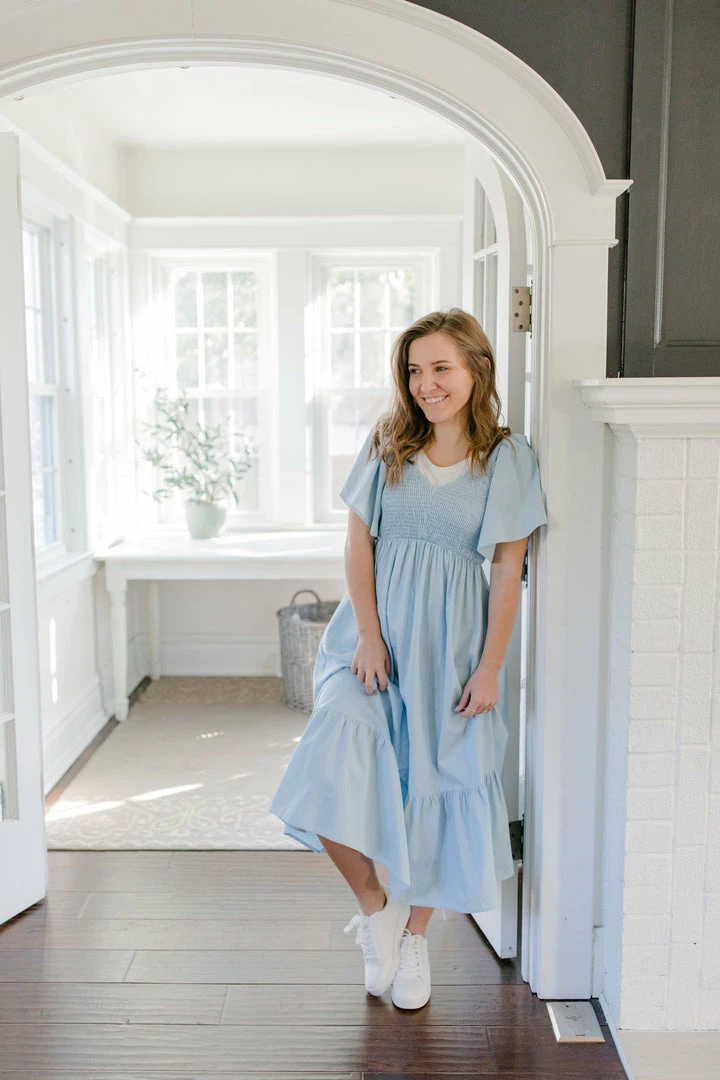 In-Loom 'Ahna' Flutter Sleeve Smocked Chambray Midi Dress In Lightwash FINAL SALE 3 In-Loom 'Ahna' Flutter Sleeve Smocked Chambray Midi Dress In Lightwash FINAL SALE