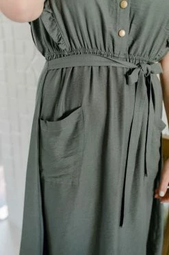 The Main Street Exchange 'Bridgette' Ruffle Detail Midi Dress In Olive Lancaster Collection
