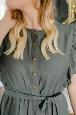 The Main Street Exchange 'Bridgette' Ruffle Detail Midi Dress In Olive Lancaster Collection