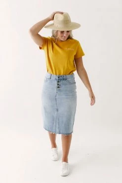 The Main Street Exchange 'Haven' Knee Length Denim Skirt In Light Wash Exclusive Designs