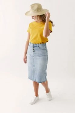 The Main Street Exchange 'Haven' Knee Length Denim Skirt In Light Wash Exclusive Designs