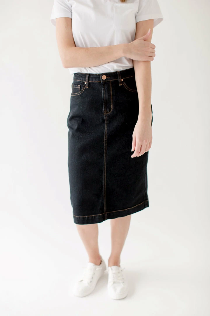 The Main Street Exchange 'Jia' Dark Denim Knee Length Skirt FINAL SALE 2 The Main Street Exchange 'Jia' Dark Denim Knee Length Skirt FINAL SALE