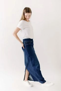 The Main Street Exchange Exclusive Designs 'Sara' Classic Long Denim Skirt Dark Wash