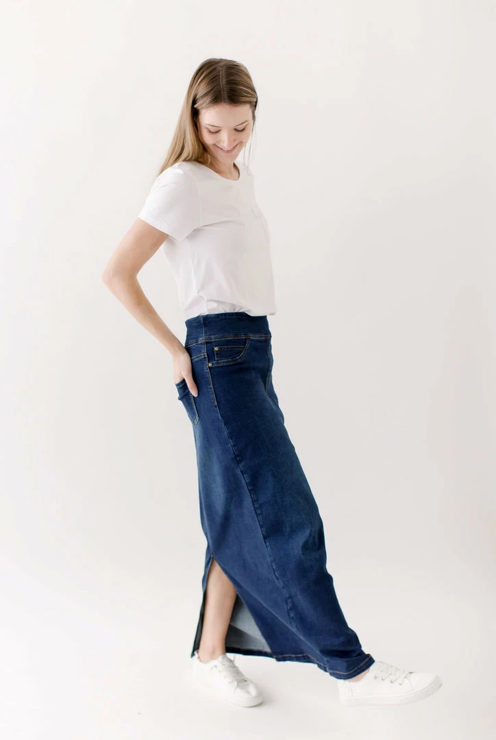 The Main Street Exchange Exclusive Designs 'Sara' Classic Long Denim Skirt Dark Wash 1 The Main Street Exchange Exclusive Designs 'Sara' Classic Long Denim Skirt Dark Wash
