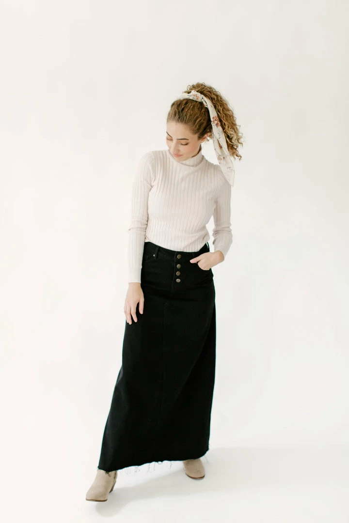 The Main Street Exchange Exclusive Designs 'Haven' Long Denim Skirt In Black 1 The Main Street Exchange Exclusive Designs 'Haven' Long Denim Skirt In Black