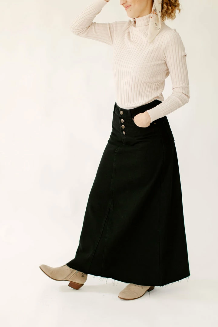The Main Street Exchange Exclusive Designs 'Haven' Long Denim Skirt In Black 2 The Main Street Exchange Exclusive Designs 'Haven' Long Denim Skirt In Black