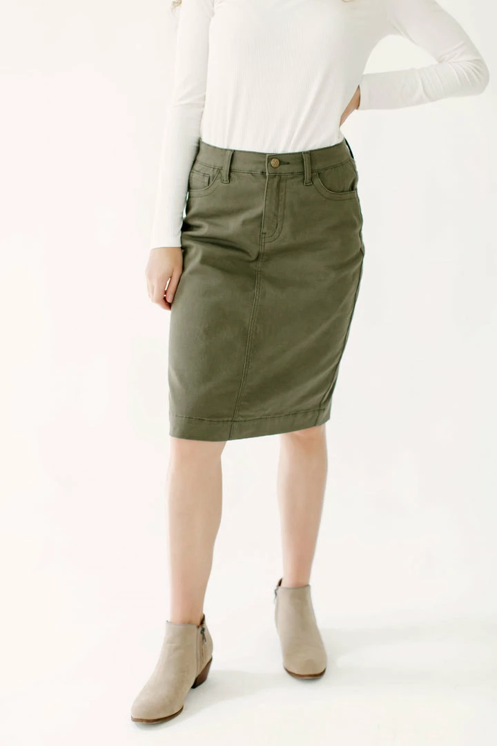 The Main Street Exchange 'Leah' Skirt In True Olive FINAL SALE 1 The Main Street Exchange 'Leah' Skirt In True Olive FINAL SALE