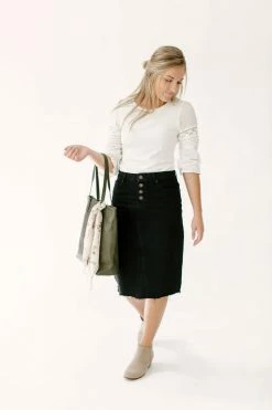 The Main Street Exchange 'Haven' Knee Length Denim Skirt In Black Exclusive Designs