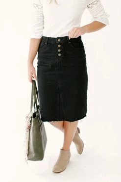 The Main Street Exchange 'Haven' Knee Length Denim Skirt In Black Exclusive Designs