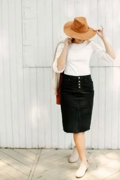 The Main Street Exchange 'Haven' Knee Length Denim Skirt In Black Exclusive Designs