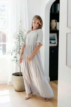 Tea N Rose 'Zephyr' Embroidered Maxi Dress In Silver Summer Collection