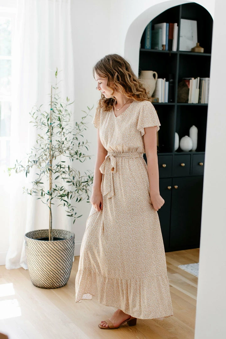 Tea N Rose 'Symphony' Tie Waist Ditsy Floral Maxi Dress In Goldenrod 1 Tea N Rose 'Symphony' Tie Waist Ditsy Floral Maxi Dress In Goldenrod