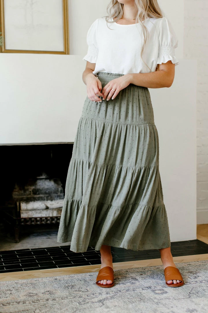Tea N Rose 'Salem' Swiss Dot Tiered Maxi Skirt In Olive Summer Collection 1 Tea N Rose 'Salem' Swiss Dot Tiered Maxi Skirt In Olive Summer Collection