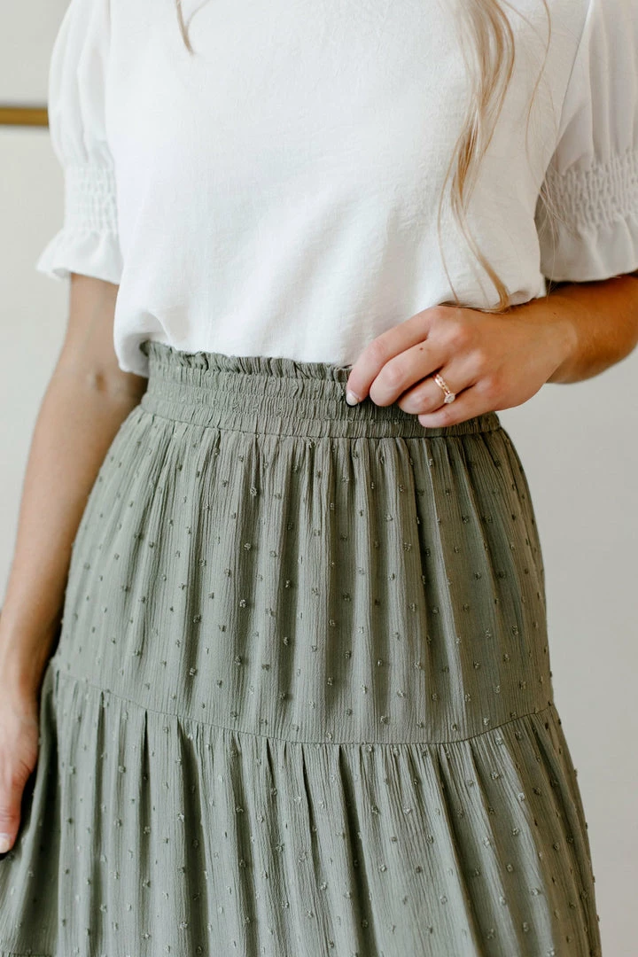 Tea N Rose 'Salem' Swiss Dot Tiered Maxi Skirt In Olive Summer Collection 4 Tea N Rose 'Salem' Swiss Dot Tiered Maxi Skirt In Olive Summer Collection