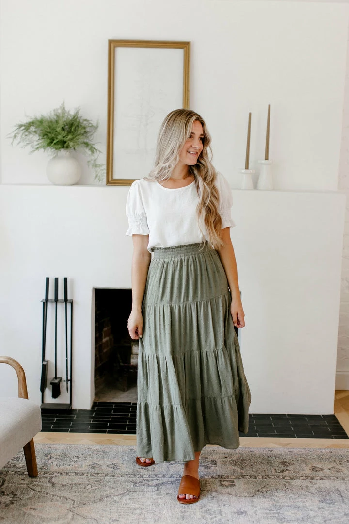Tea N Rose 'Salem' Swiss Dot Tiered Maxi Skirt In Olive Summer Collection 2 Tea N Rose 'Salem' Swiss Dot Tiered Maxi Skirt In Olive Summer Collection