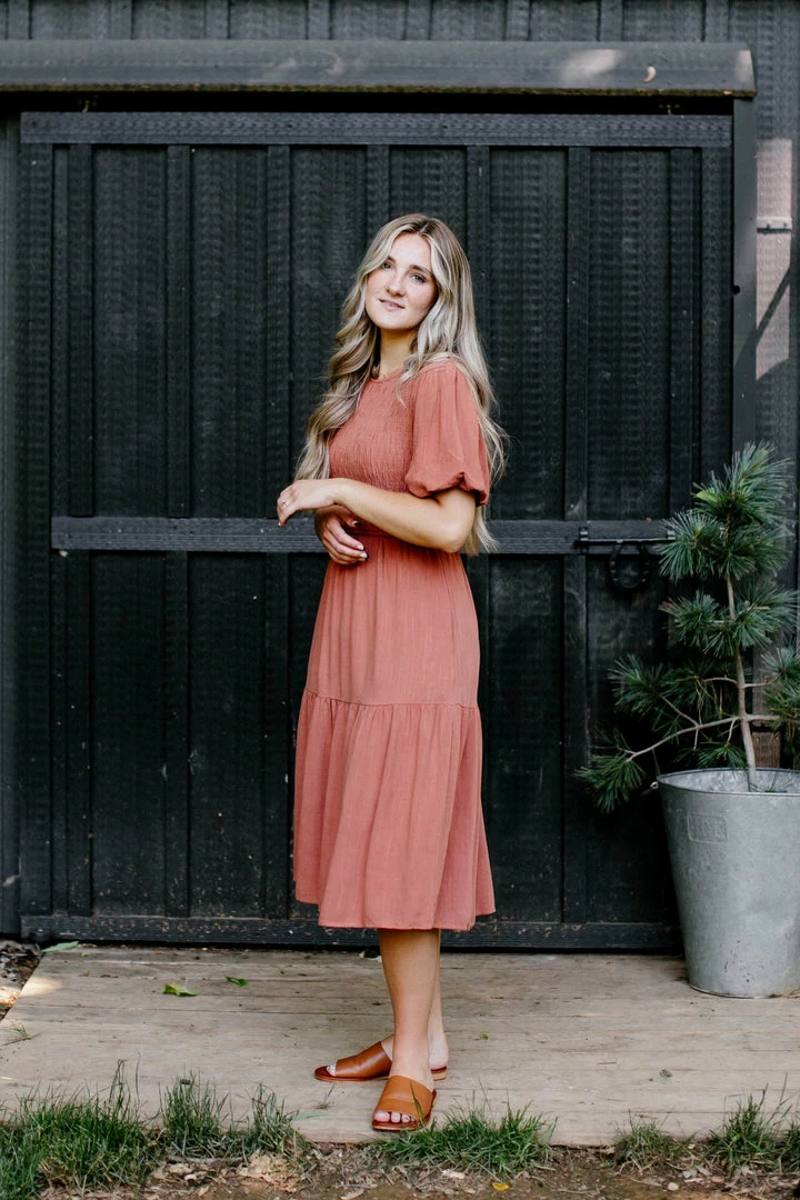 Tea N Rose 'Carolina' Smocked Bodice Tiered Midi Dress In Terracotta Summer Collection 2 Tea N Rose 'Carolina' Smocked Bodice Tiered Midi Dress In Terracotta Summer Collection