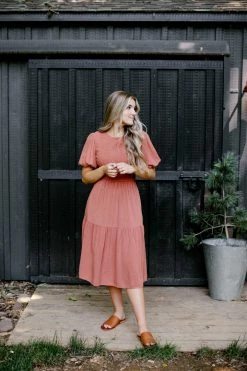 Tea N Rose 'Carolina' Smocked Bodice Tiered Midi Dress In Terracotta Summer Collection