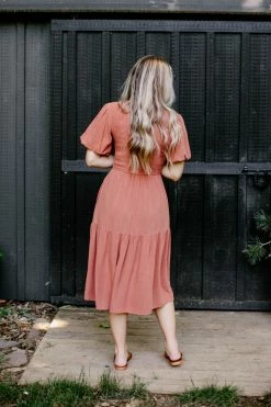 Tea N Rose 'Carolina' Smocked Bodice Tiered Midi Dress In Terracotta Summer Collection 12 Tea N Rose 'Carolina' Smocked Bodice Tiered Midi Dress In Terracotta Summer Collection