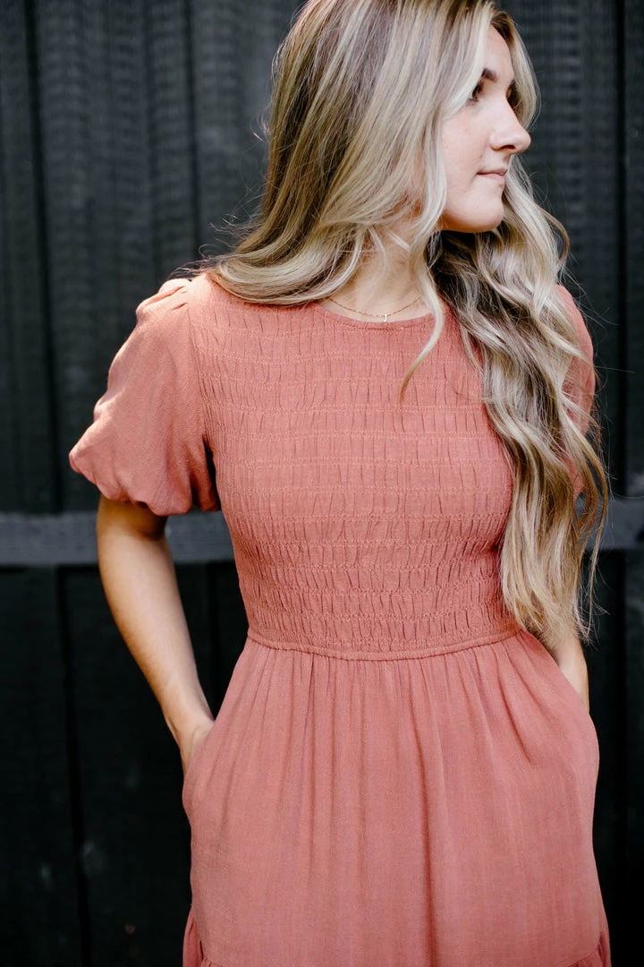 Tea N Rose 'Carolina' Smocked Bodice Tiered Midi Dress In Terracotta Summer Collection 3 Tea N Rose 'Carolina' Smocked Bodice Tiered Midi Dress In Terracotta Summer Collection