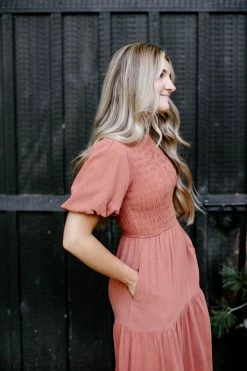 Tea N Rose 'Carolina' Smocked Bodice Tiered Midi Dress In Terracotta Summer Collection 10 Tea N Rose 'Carolina' Smocked Bodice Tiered Midi Dress In Terracotta Summer Collection