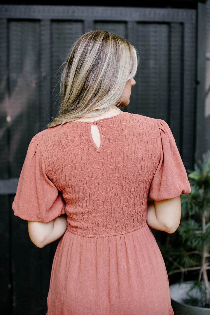 Tea N Rose 'Carolina' Smocked Bodice Tiered Midi Dress In Terracotta Summer Collection 7 Tea N Rose 'Carolina' Smocked Bodice Tiered Midi Dress In Terracotta Summer Collection