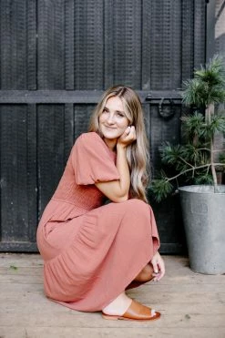 Tea N Rose 'Carolina' Smocked Bodice Tiered Midi Dress In Terracotta Summer Collection 11 Tea N Rose 'Carolina' Smocked Bodice Tiered Midi Dress In Terracotta Summer Collection