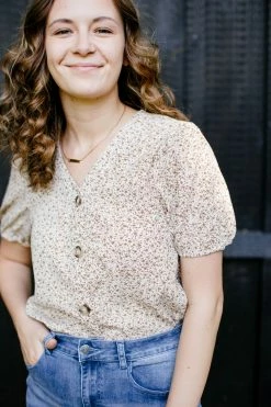 Tea N Rose Summer Collection 'Laura' Button Front Floral Blouse In Taupe