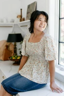 Polagram 'Bethany' Smocked Square Neck Floral Top In Cream Summer Collection