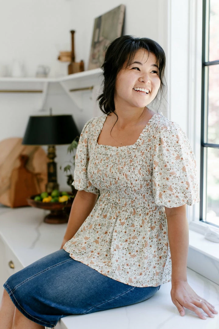 Polagram 'Bethany' Smocked Square Neck Floral Top In Cream Summer Collection 1 Polagram 'Bethany' Smocked Square Neck Floral Top In Cream Summer Collection