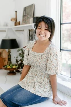 Polagram 'Bethany' Smocked Square Neck Floral Top In Cream Summer Collection