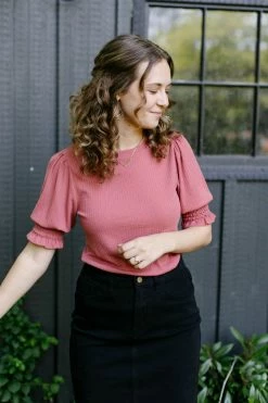 Polagram Summer Collection 'Aubry' Smocked Sleeve Ribbed Knit Top