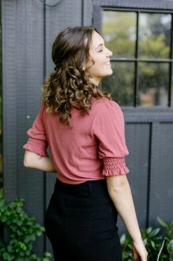 Polagram Summer Collection 'Aubry' Smocked Sleeve Ribbed Knit Top