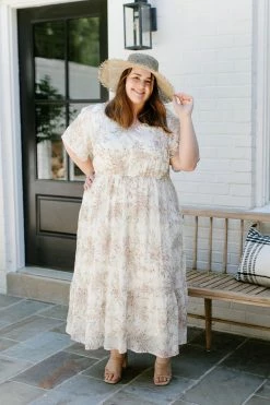 Polagram Summer Collection Extended 'Victoria' V-Neck Floral Print Dress In Cream