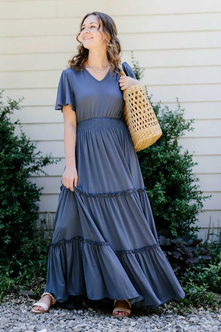 Mikarose 'Linette' Tiered Maxi Dress In Slate Blue 1 Mikarose 'Linette' Tiered Maxi Dress In Slate Blue