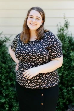 The Main Street Exchange 'Candace' Half Sleeve Floral Top In Black