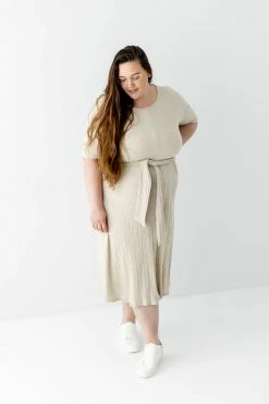 Gilli Extended 'Sofia' Waist Tie Ribbed Midi Dress In Oatmeal Dresses