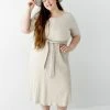 Gilli Extended 'Sofia' Waist Tie Ribbed Midi Dress In Oatmeal Dresses
