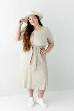 Gilli Extended 'Sofia' Waist Tie Ribbed Midi Dress In Oatmeal Dresses
