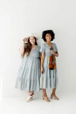 Polagram Extended 'Tasha' Floral Smocked Bodice Midi Dress In Dusty Blue FINAL SALE