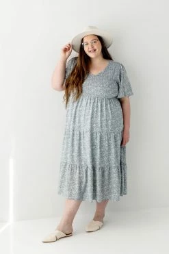 Polagram Extended 'Tasha' Floral Smocked Bodice Midi Dress In Dusty Blue FINAL SALE