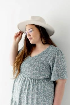 Polagram Extended 'Tasha' Floral Smocked Bodice Midi Dress In Dusty Blue FINAL SALE