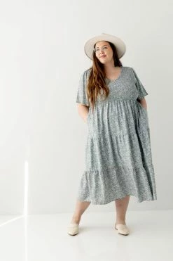 Polagram Extended 'Tasha' Floral Smocked Bodice Midi Dress In Dusty Blue FINAL SALE