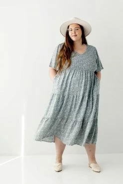 Polagram Extended 'Tasha' Floral Smocked Bodice Midi Dress In Dusty Blue FINAL SALE